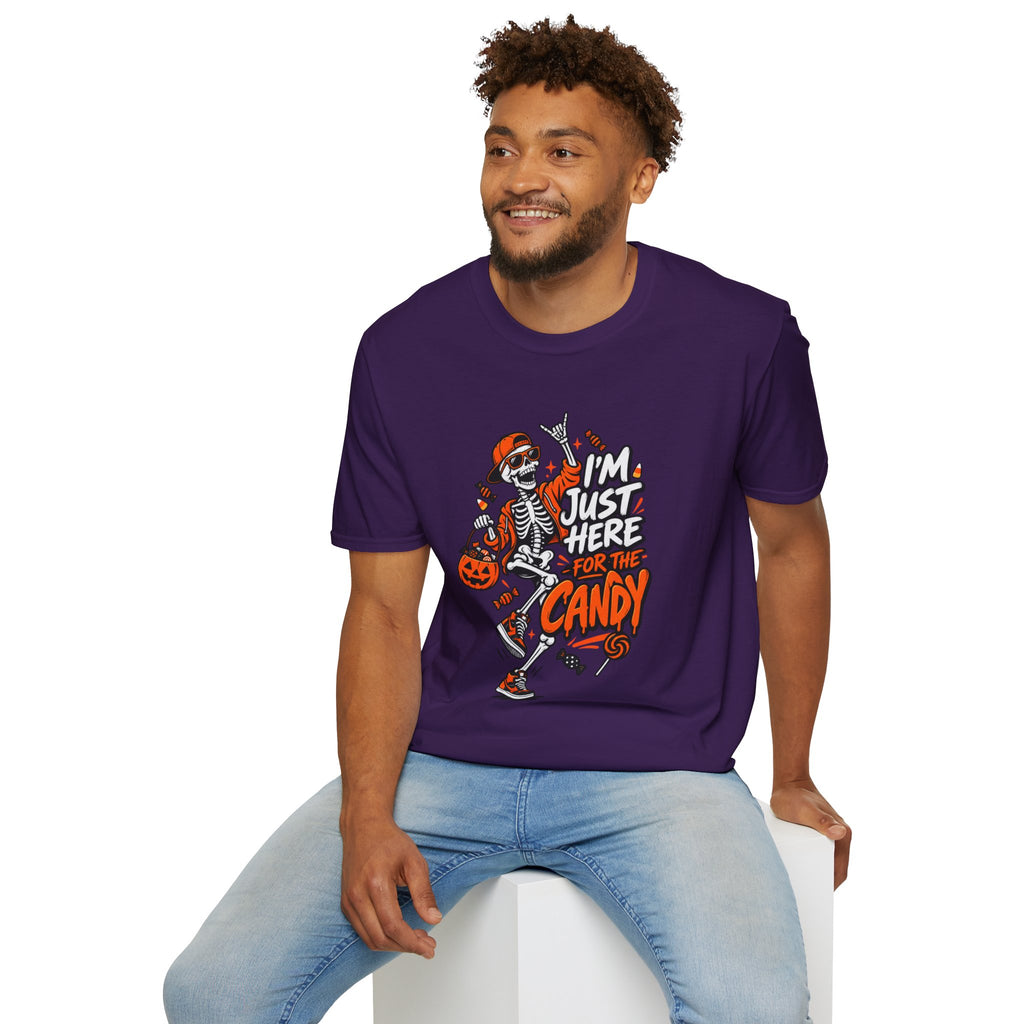 I'm Just Here for the Candy Shirt | Funny Dancing Skeleton Halloween Tee | Dark Humor Graphic T-Shirt
