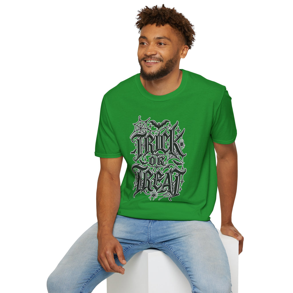 Funny Trick or Treat Gothic Blackletter Shirt | Edgy Spider Web Typography Tee | Minimalist Halloween T-Shirt