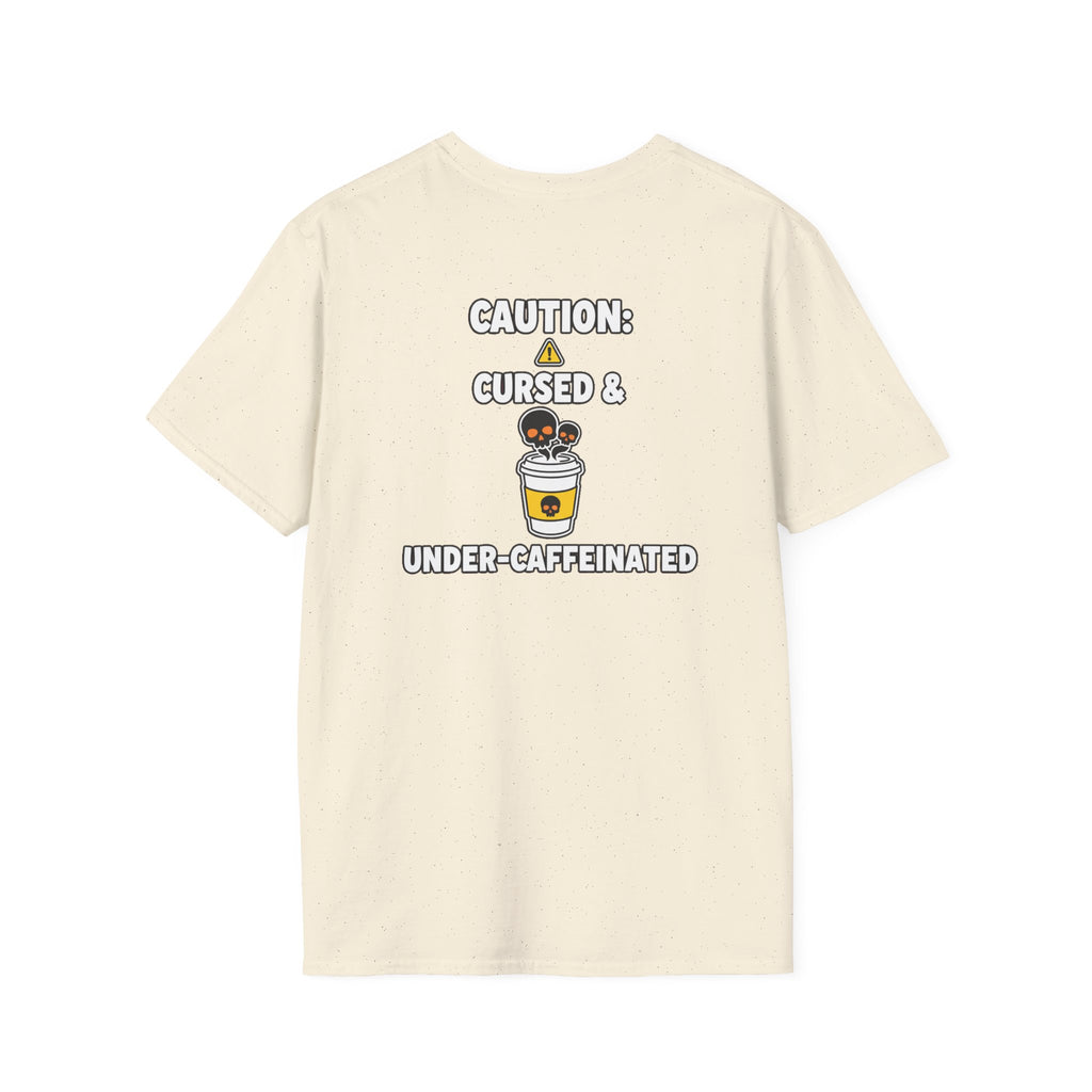 Dark Humor Halloween Shirt Caution Cursed And Under Caffeinated Funny Coffee Sarcastic Unisex Softstyle Tee Adult Halloween Gift