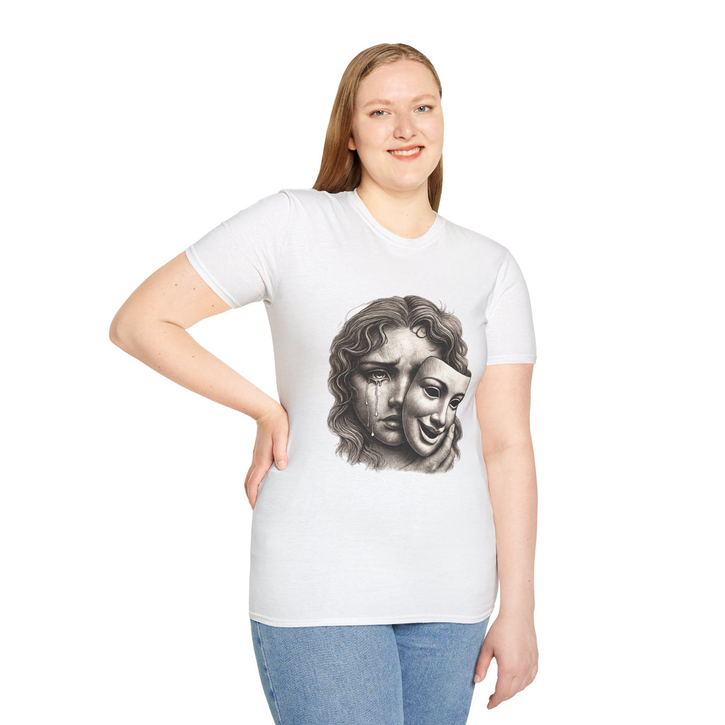 Crying Woman Mask Art T-Shirt | Hidden Emotions Sketch Graphic Tee Unisex Unisex Softstyle T-Shirt