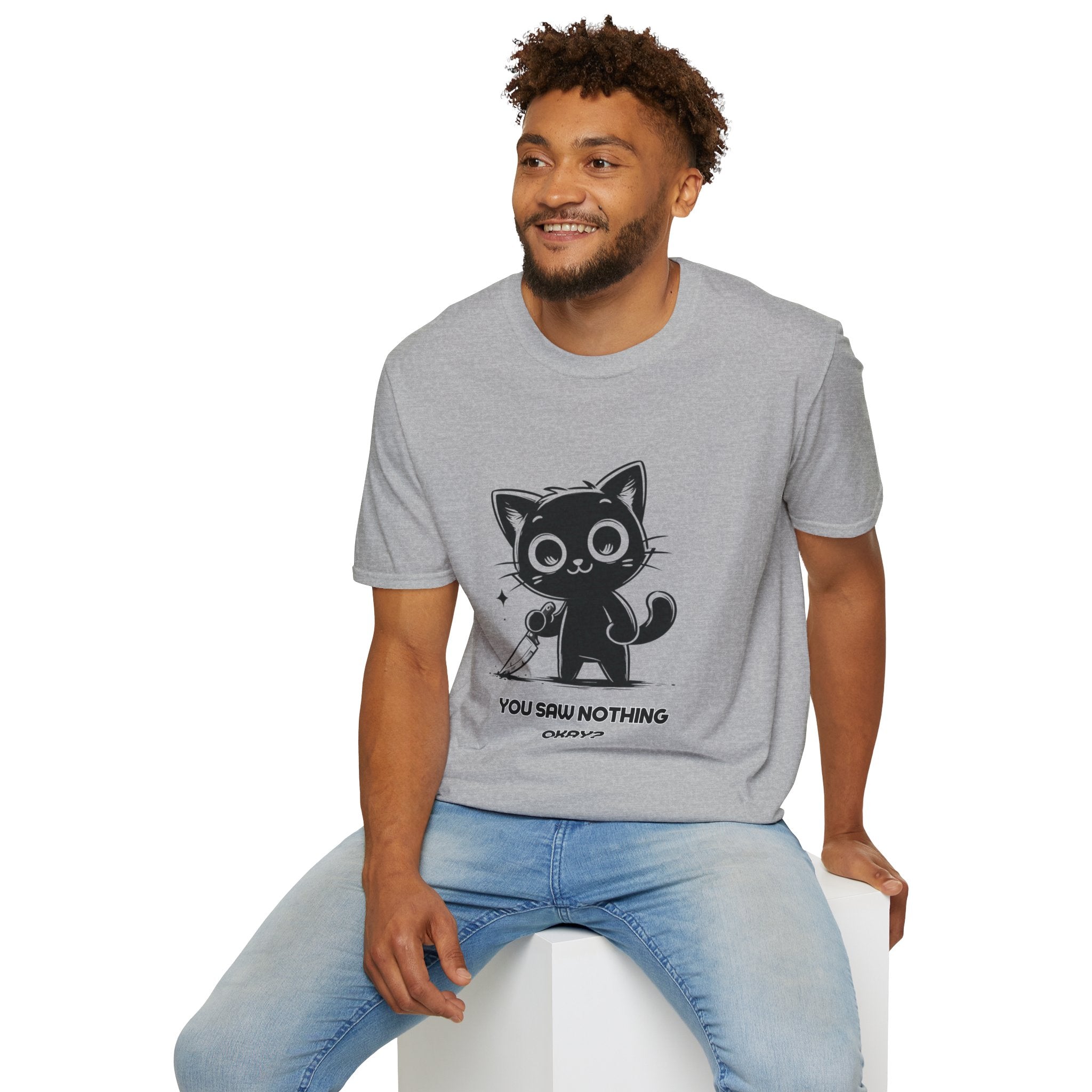 Women's and Men's Funny Cat T-shirt you saw nothing cat with bloody knife Halloween tee Soft Unisex Tshirt Gift for Her