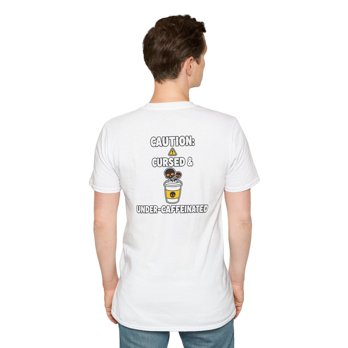 Dark Humor Halloween Shirt Caution Cursed And Under Caffeinated Funny Coffee Sarcastic Unisex Softstyle Tee Adult Halloween Gift