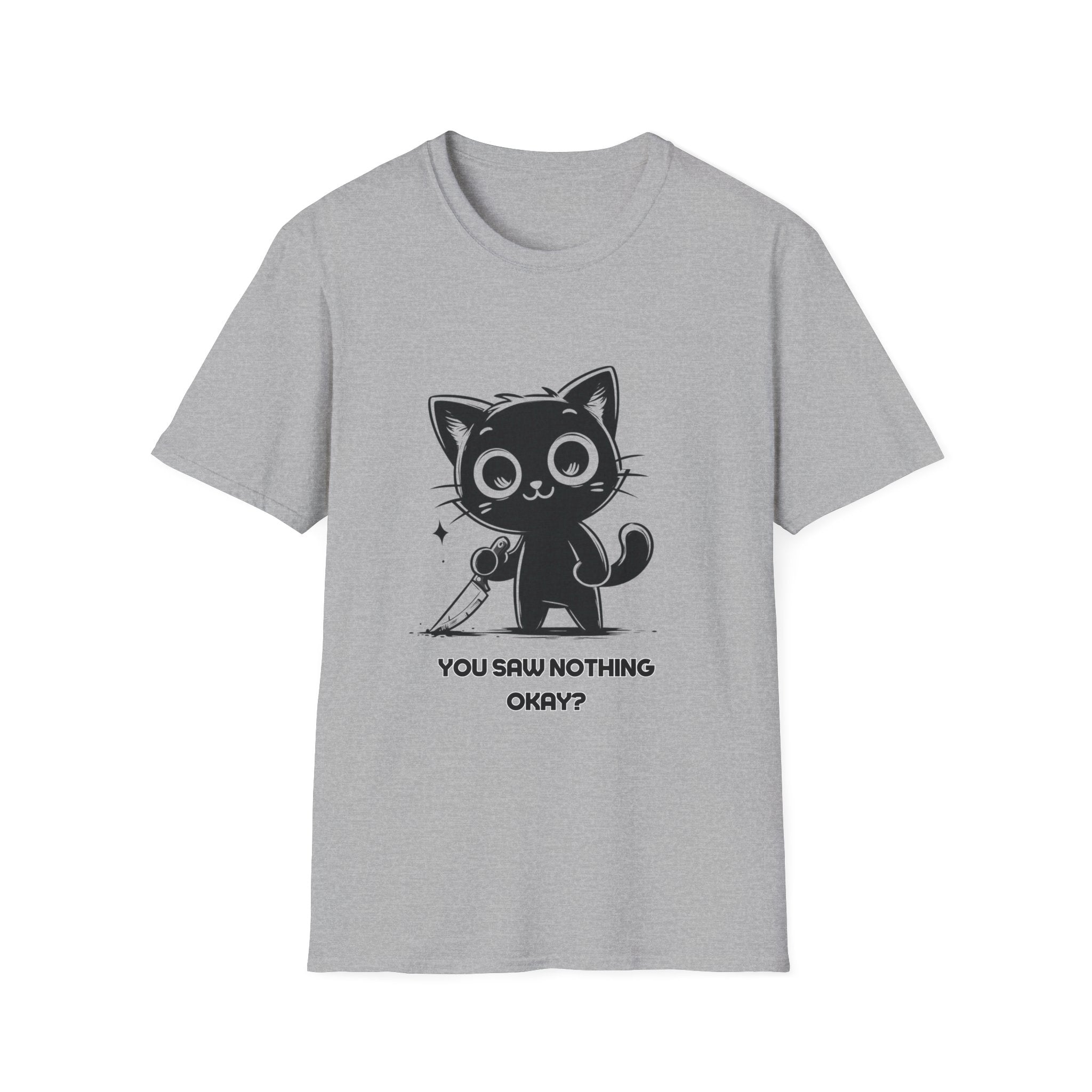 Women's and Men's Funny Cat T-shirt you saw nothing cat with bloody knife Halloween tee Soft Unisex Tshirt Gift for Her