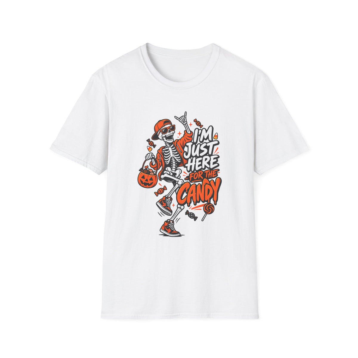 I'm Just Here for the Candy Shirt | Funny Dancing Skeleton Halloween Tee | Dark Humor Graphic T-Shirt