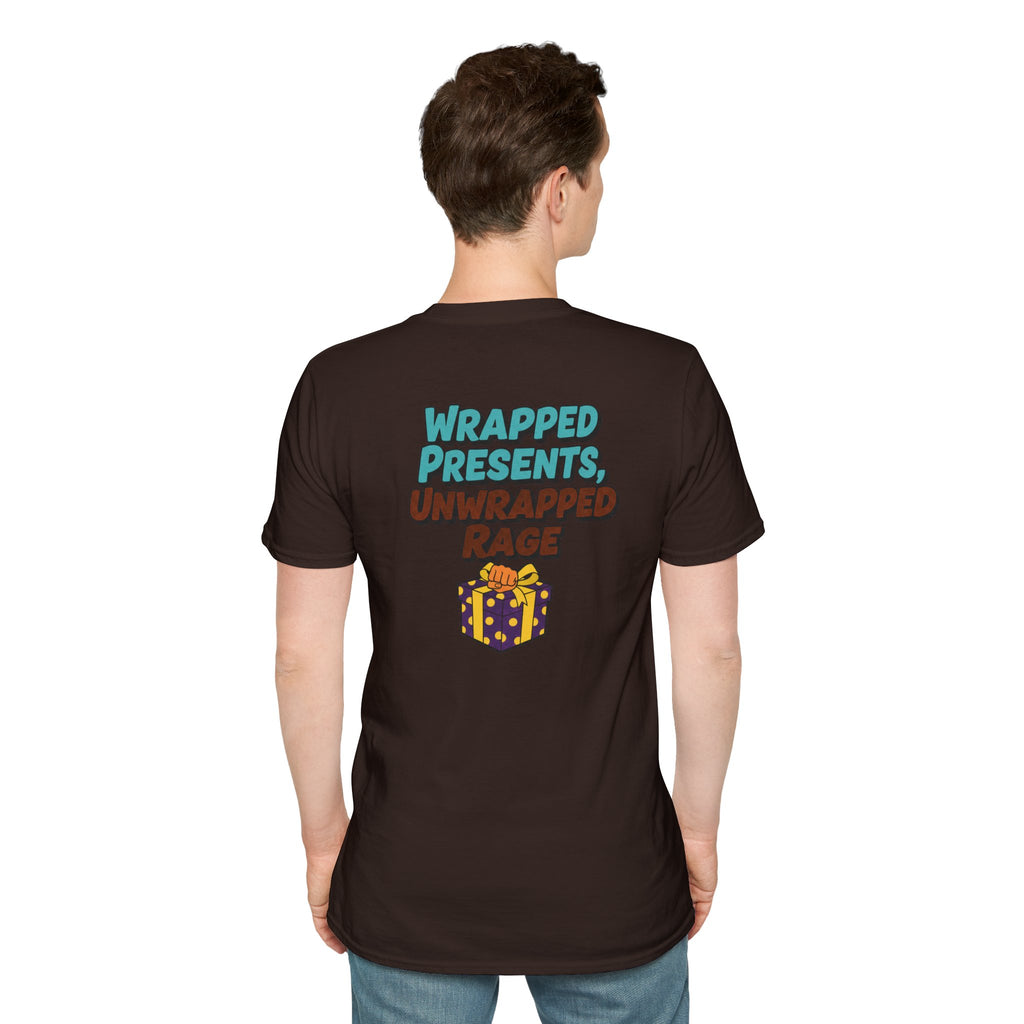 Dark Humor Christmas Shirt Wrapped Presents Unwrapped Rage Funny Sarcastic Unisex Softstyle Tee Adult Christmas Gift