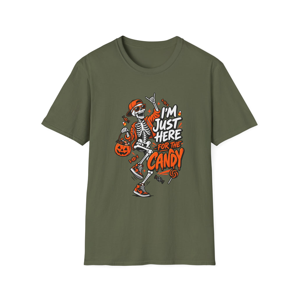 I'm Just Here for the Candy Shirt | Funny Dancing Skeleton Halloween Tee | Dark Humor Graphic T-Shirt