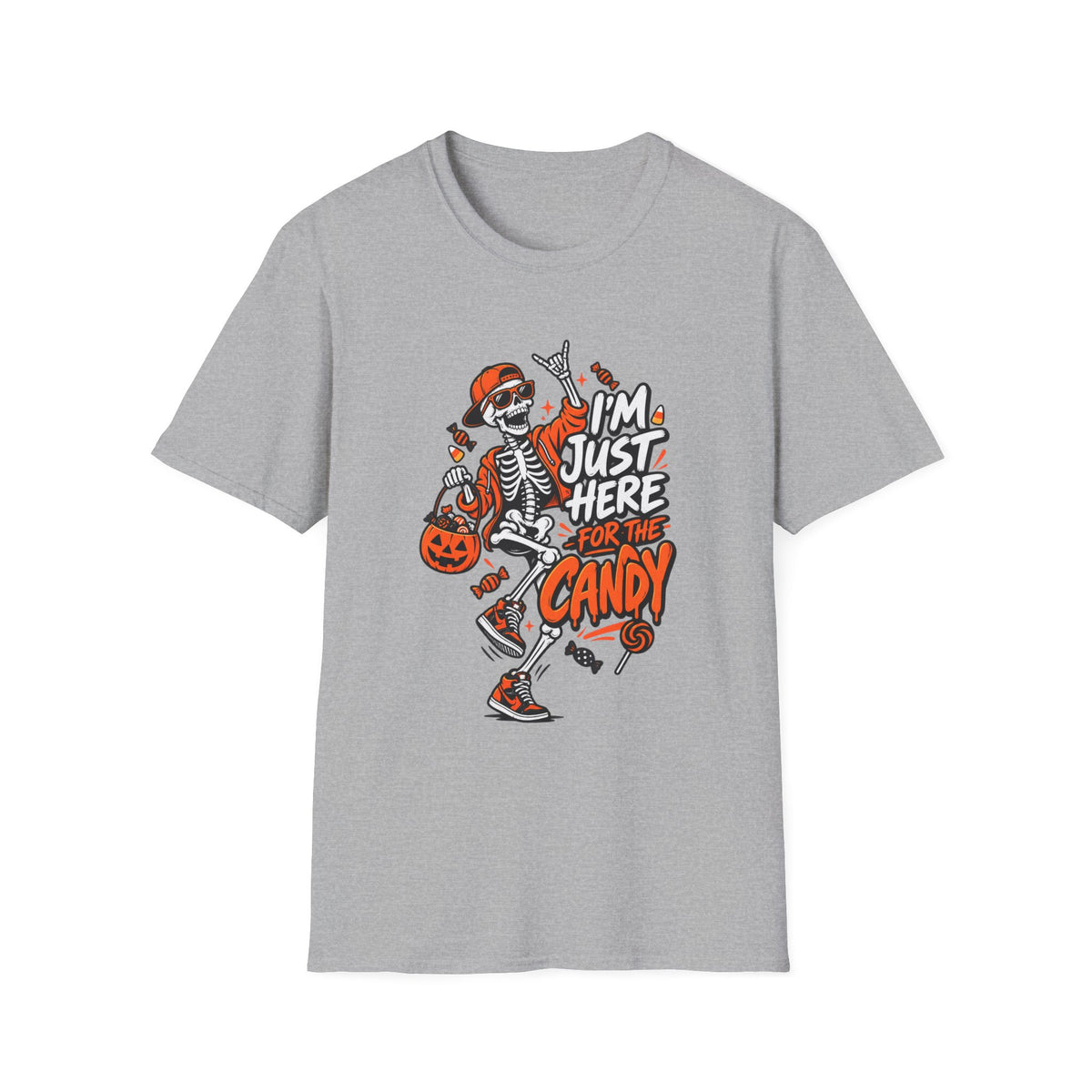 I'm Just Here for the Candy Shirt | Funny Dancing Skeleton Halloween Tee | Dark Humor Graphic T-Shirt
