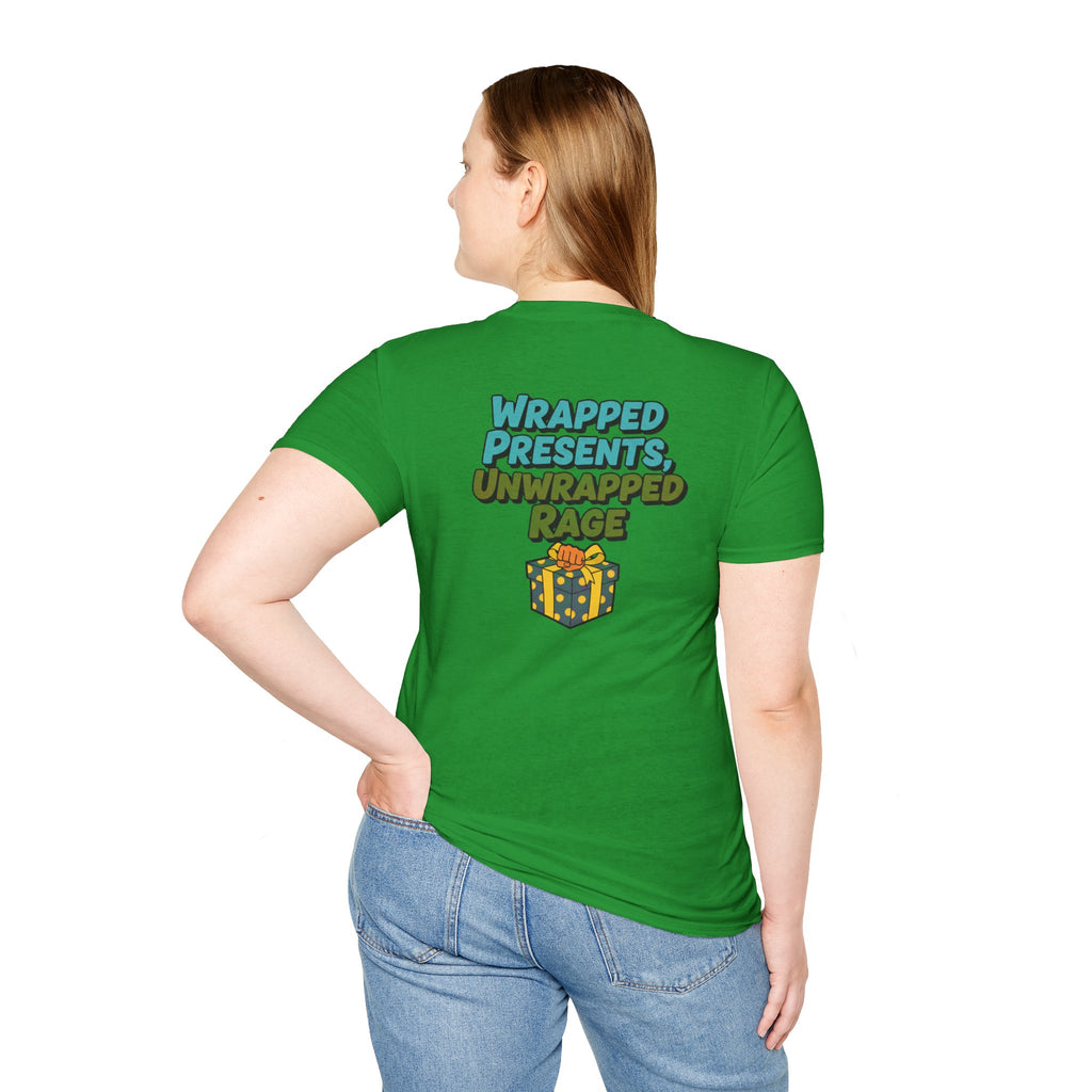 Dark Humor Christmas Shirt Wrapped Presents Unwrapped Rage Funny Sarcastic Unisex Softstyle Tee Adult Christmas Gift