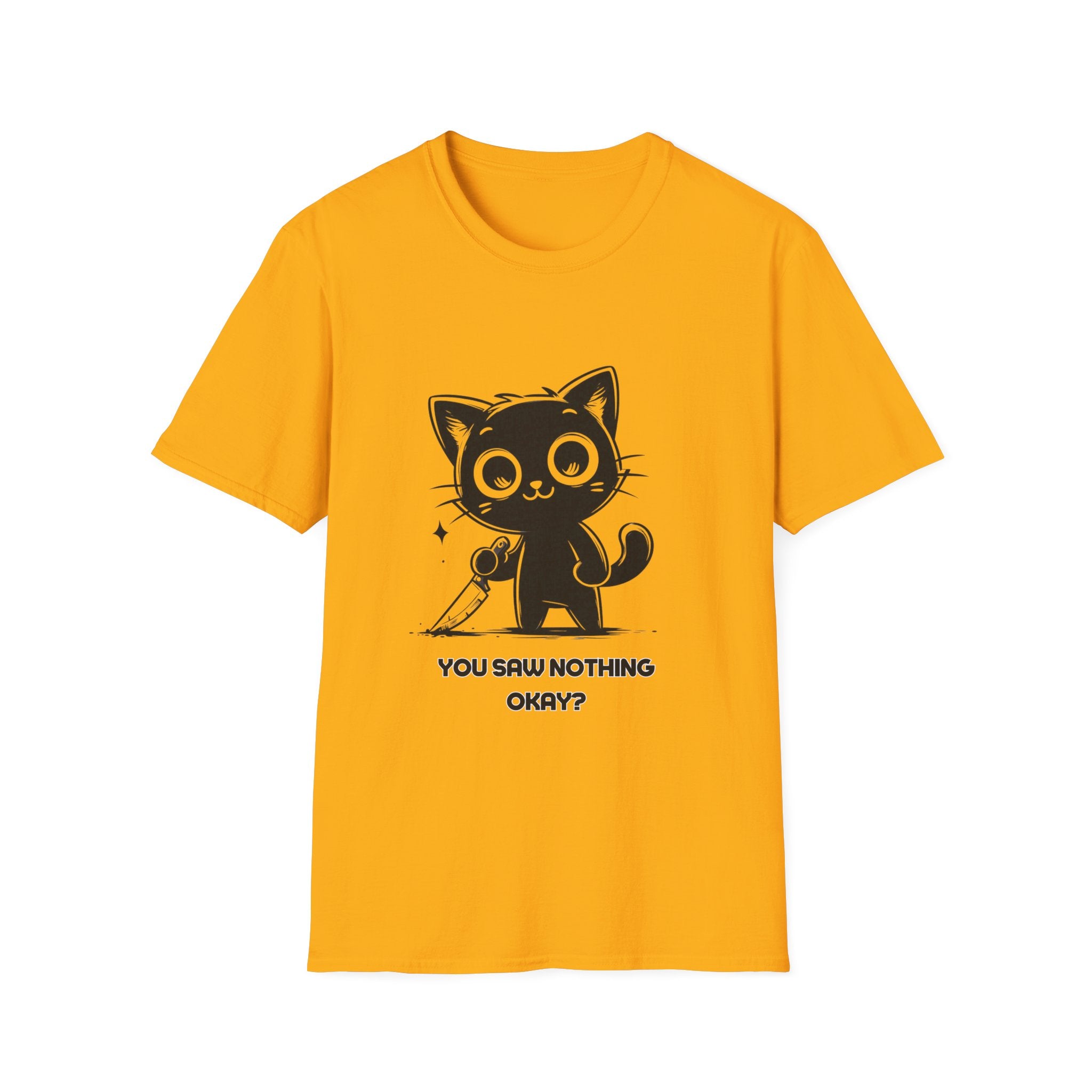 Women's and Men's Funny Cat T-shirt you saw nothing cat with bloody knife Halloween tee Soft Unisex Tshirt Gift for Her