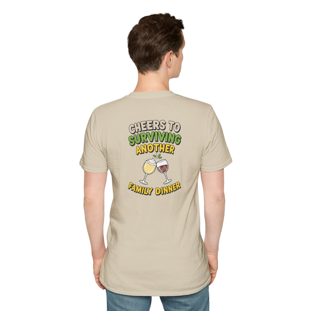 Dark Humor Christmas Shirt Cheers To Surviving Another Family Dinner Funny Sarcastic Unisex Softstyle Tee Adult Christmas Gift