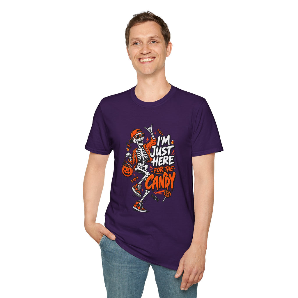 I'm Just Here for the Candy Shirt | Funny Dancing Skeleton Halloween Tee | Dark Humor Graphic T-Shirt
