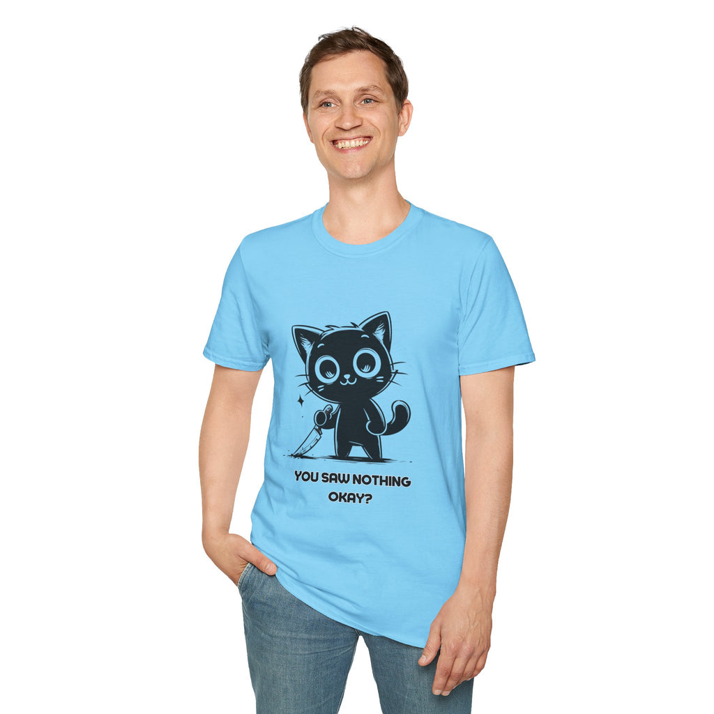 Women's and Men's Funny Cat T-shirt you saw nothing cat with bloody knife Halloween tee Soft Unisex Tshirt Gift for Her