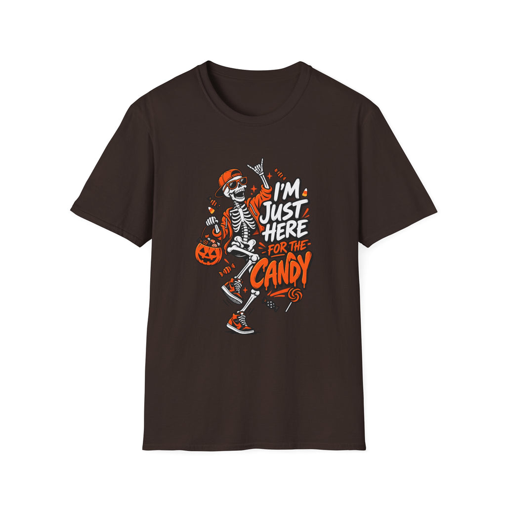 I'm Just Here for the Candy Shirt | Funny Dancing Skeleton Halloween Tee | Dark Humor Graphic T-Shirt