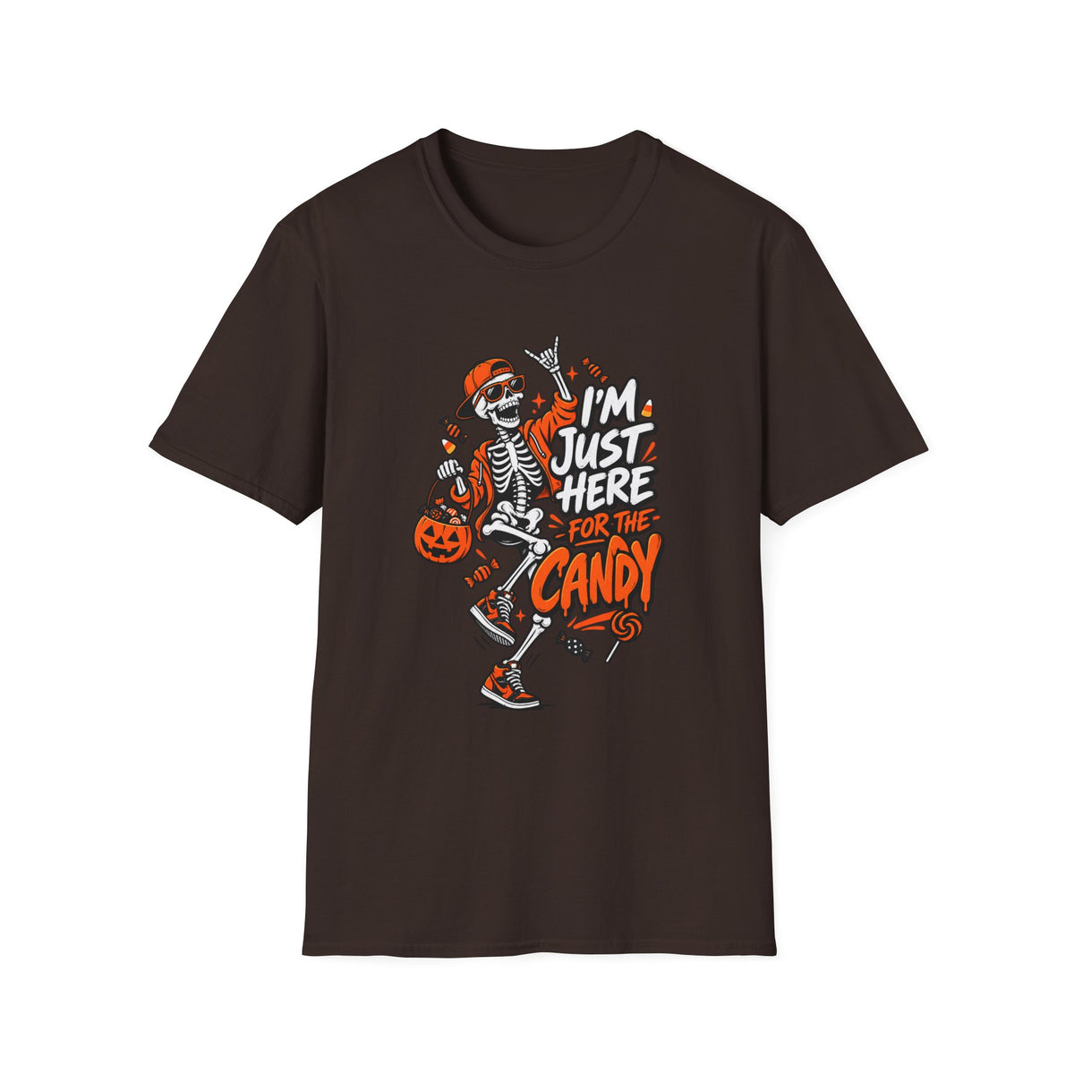 I'm Just Here for the Candy Shirt | Funny Dancing Skeleton Halloween Tee | Dark Humor Graphic T-Shirt