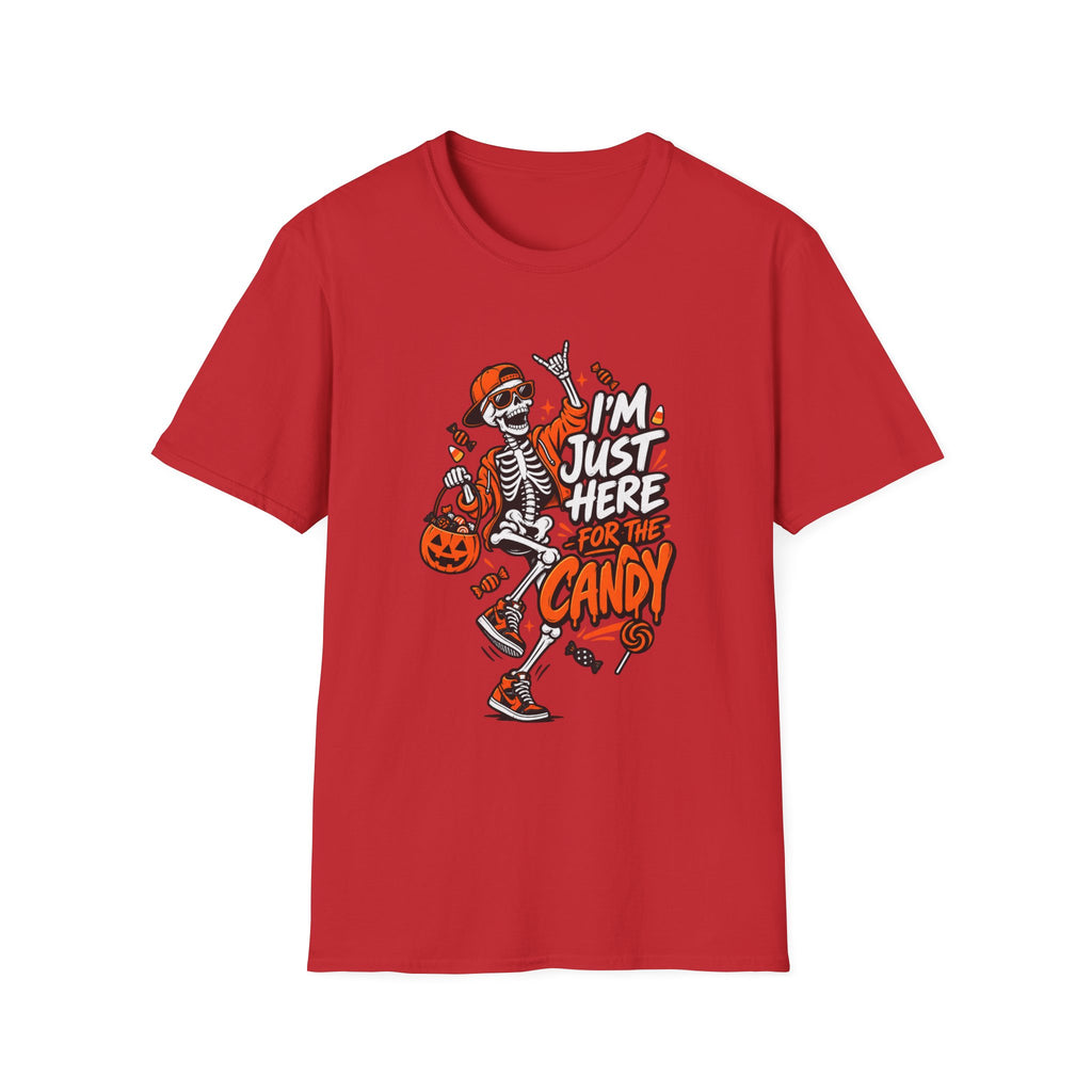 I'm Just Here for the Candy Shirt | Funny Dancing Skeleton Halloween Tee | Dark Humor Graphic T-Shirt