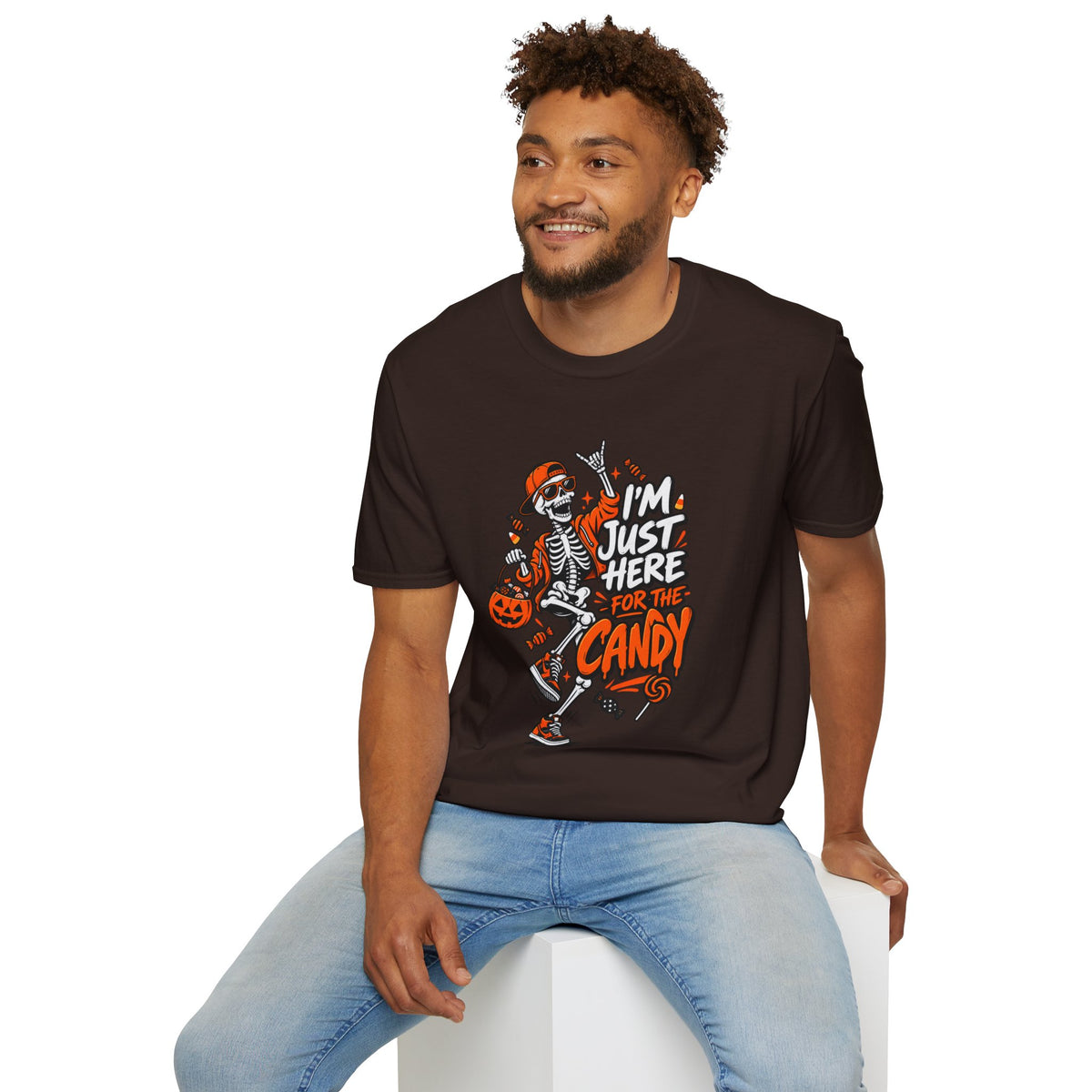 I'm Just Here for the Candy Shirt | Funny Dancing Skeleton Halloween Tee | Dark Humor Graphic T-Shirt