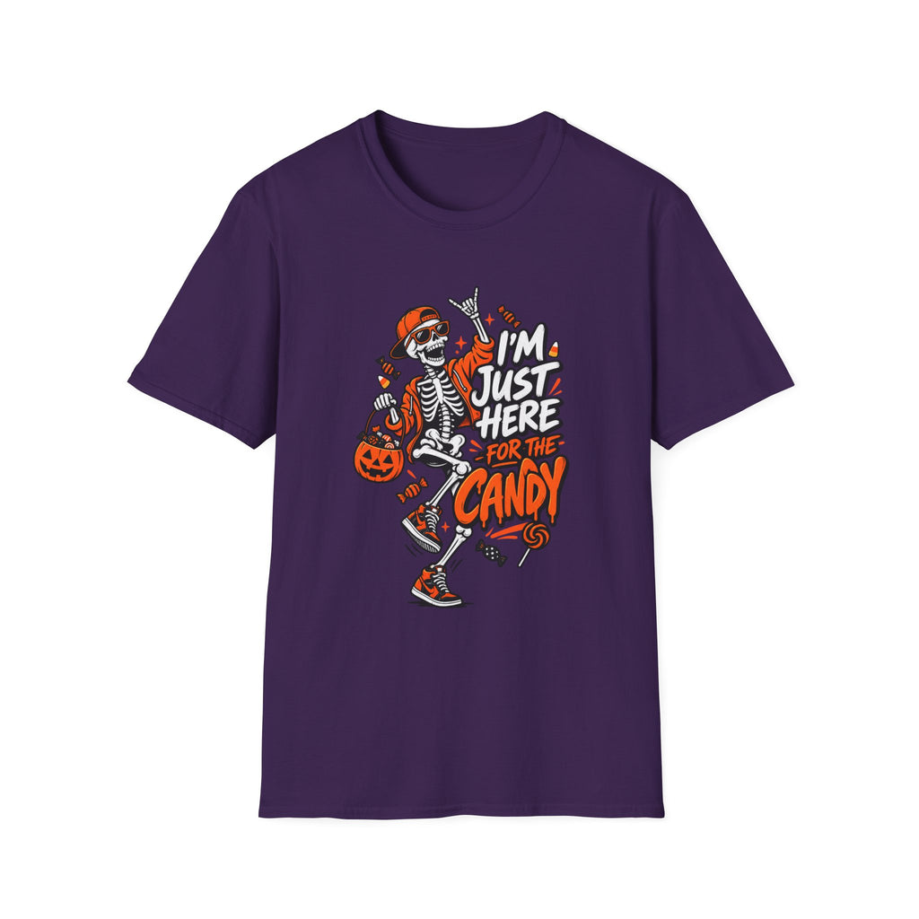 I'm Just Here for the Candy Shirt | Funny Dancing Skeleton Halloween Tee | Dark Humor Graphic T-Shirt