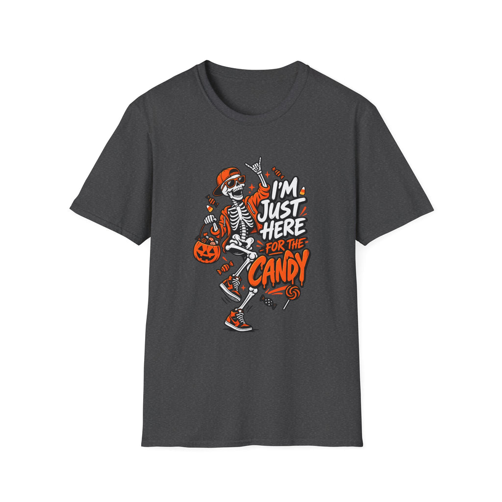 I'm Just Here for the Candy Shirt | Funny Dancing Skeleton Halloween Tee | Dark Humor Graphic T-Shirt