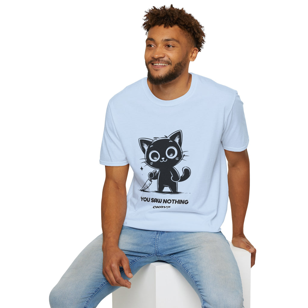 Women's and Men's Funny Cat T-shirt you saw nothing cat with bloody knife Halloween tee Soft Unisex Tshirt Gift for Her