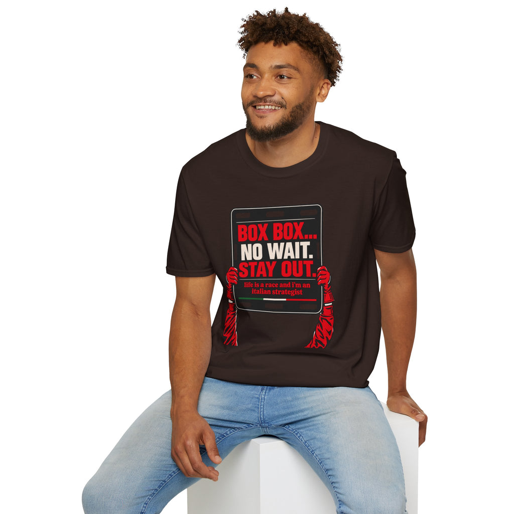 Funny Racing T-Shirt Box Box No Wait Stay Out Italian Strategist Motorsport Fan Shirt Unisex Softstyle Tee Race Day Gift