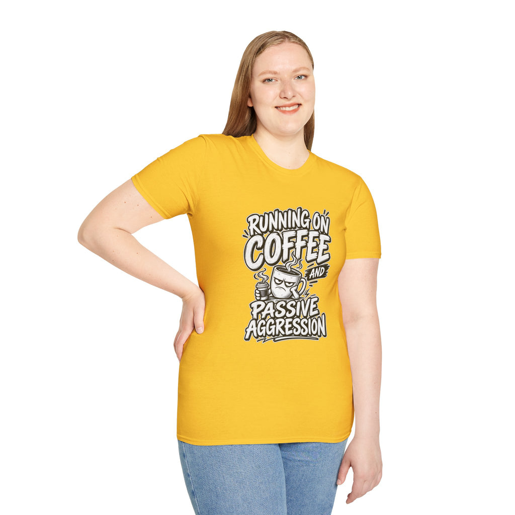 Funny Dark Humor Tshirt — Funny Office Tshirt Dark Humor Graphic Tee Unique Coworker Gift  RUNNING ON COFFEE AND PASSIVE AGGRESSION Shirt