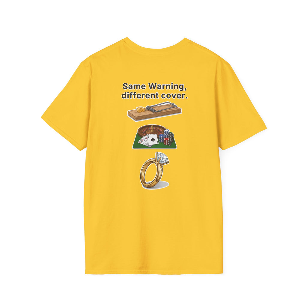 Funny Marriage T-Shirt Same Warning Different Cover Mousetrap Casino Ring Wedding Humor Shirt Groom Bachelor Party Tee