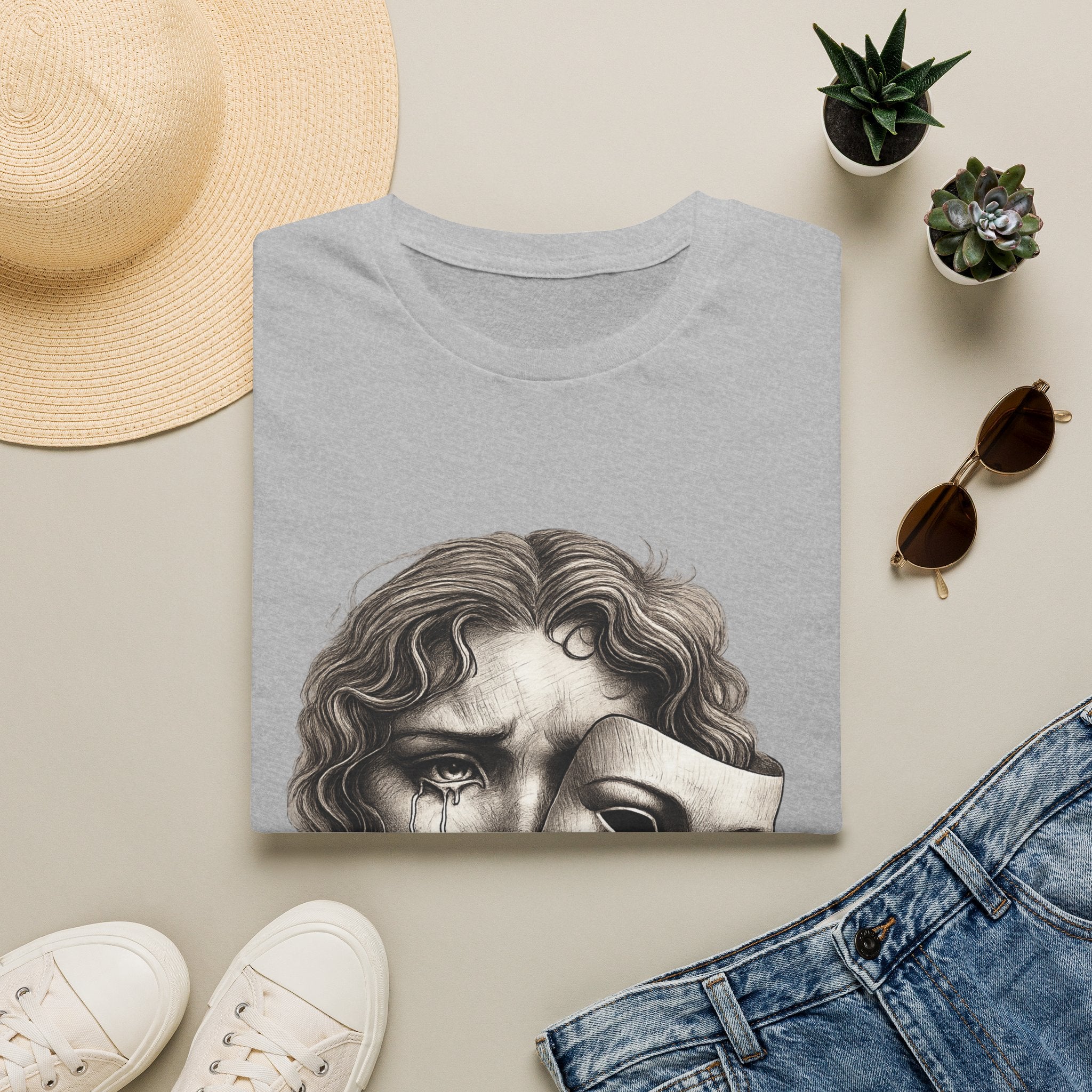 Crying Woman Mask Art T-Shirt | Hidden Emotions Sketch Graphic Tee Unisex Unisex Softstyle T-Shirt