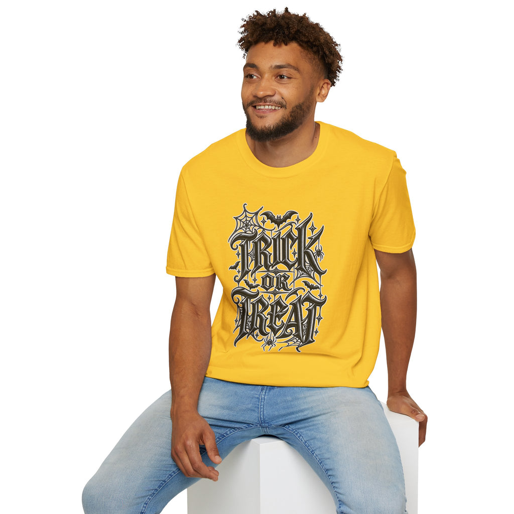 Funny Trick or Treat Gothic Blackletter Shirt | Edgy Spider Web Typography Tee | Minimalist Halloween T-Shirt