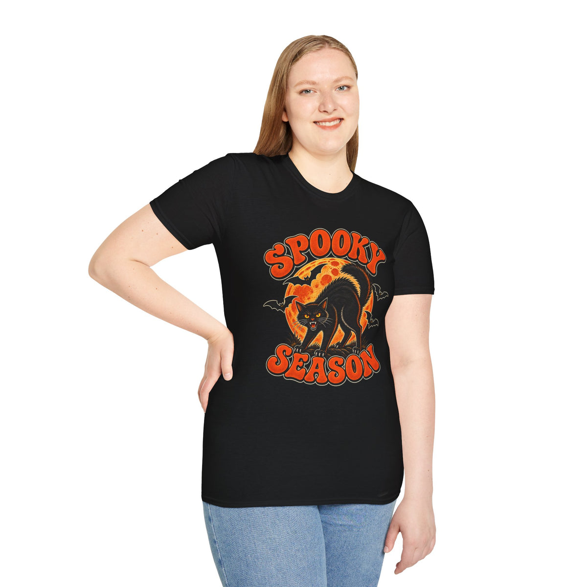Retro Black Cat Halloween Shirt | Vintage Spooky Season Graphic Tee | Womens Halloween T-Shirt