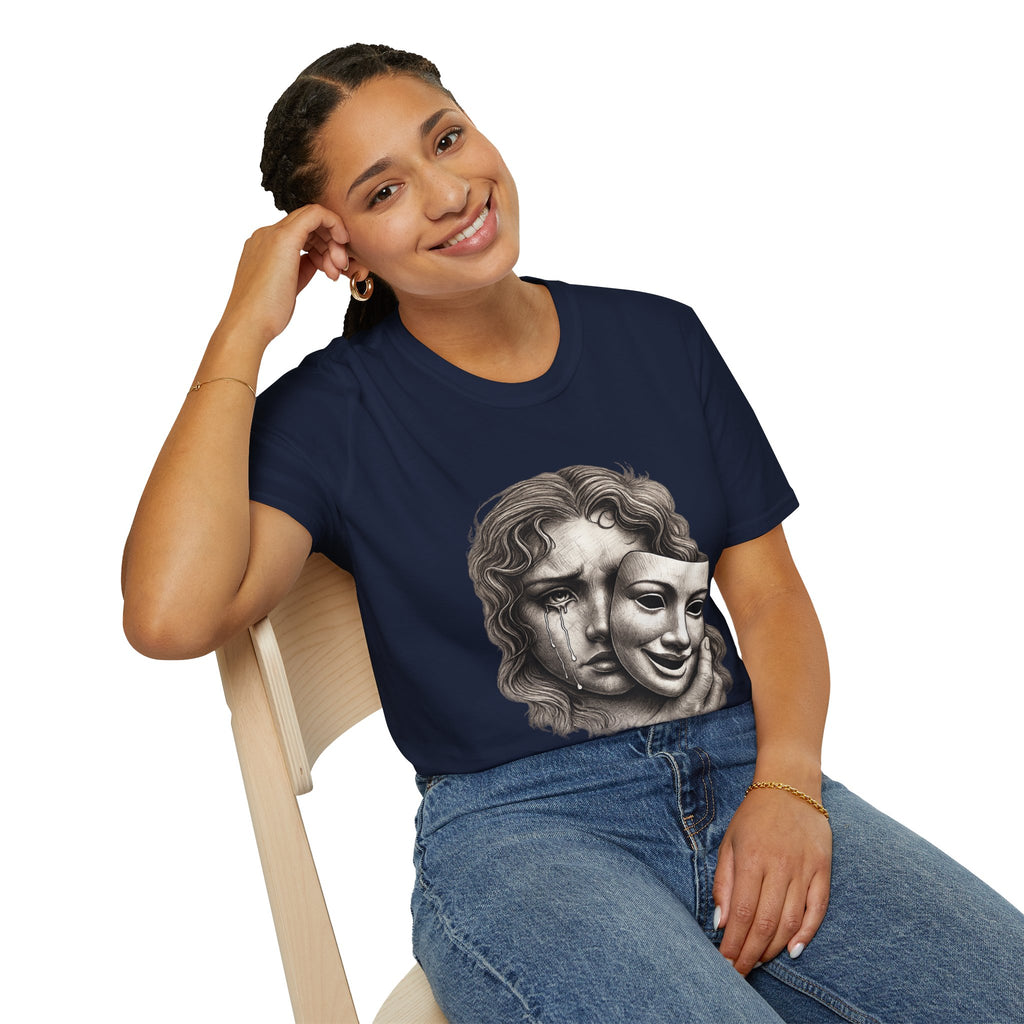 Crying Woman Mask Art T-Shirt | Hidden Emotions Sketch Graphic Tee Unisex Unisex Softstyle T-Shirt