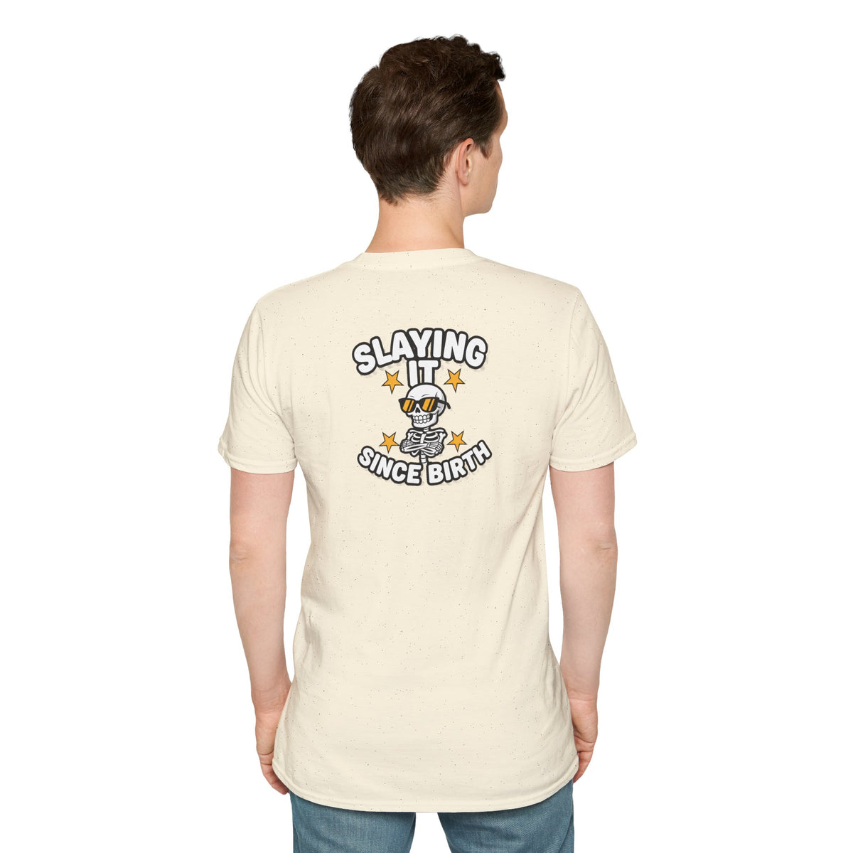 Dark Humor Halloween Shirt Slaying It Since Birth Funny Skeleton Sarcastic Unisex Softstyle Tee Adult Halloween Gift