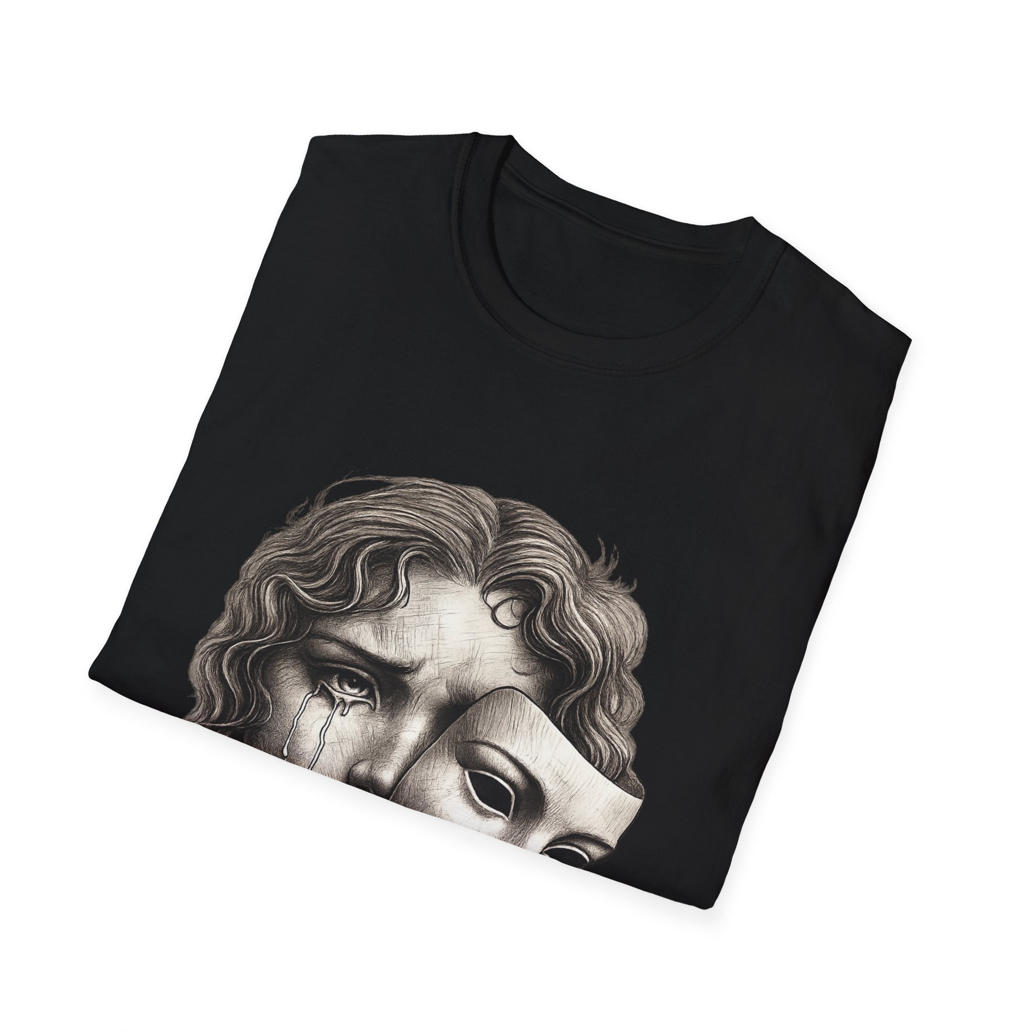 Crying Woman Mask Art T-Shirt | Hidden Emotions Sketch Graphic Tee Unisex Unisex Softstyle T-Shirt