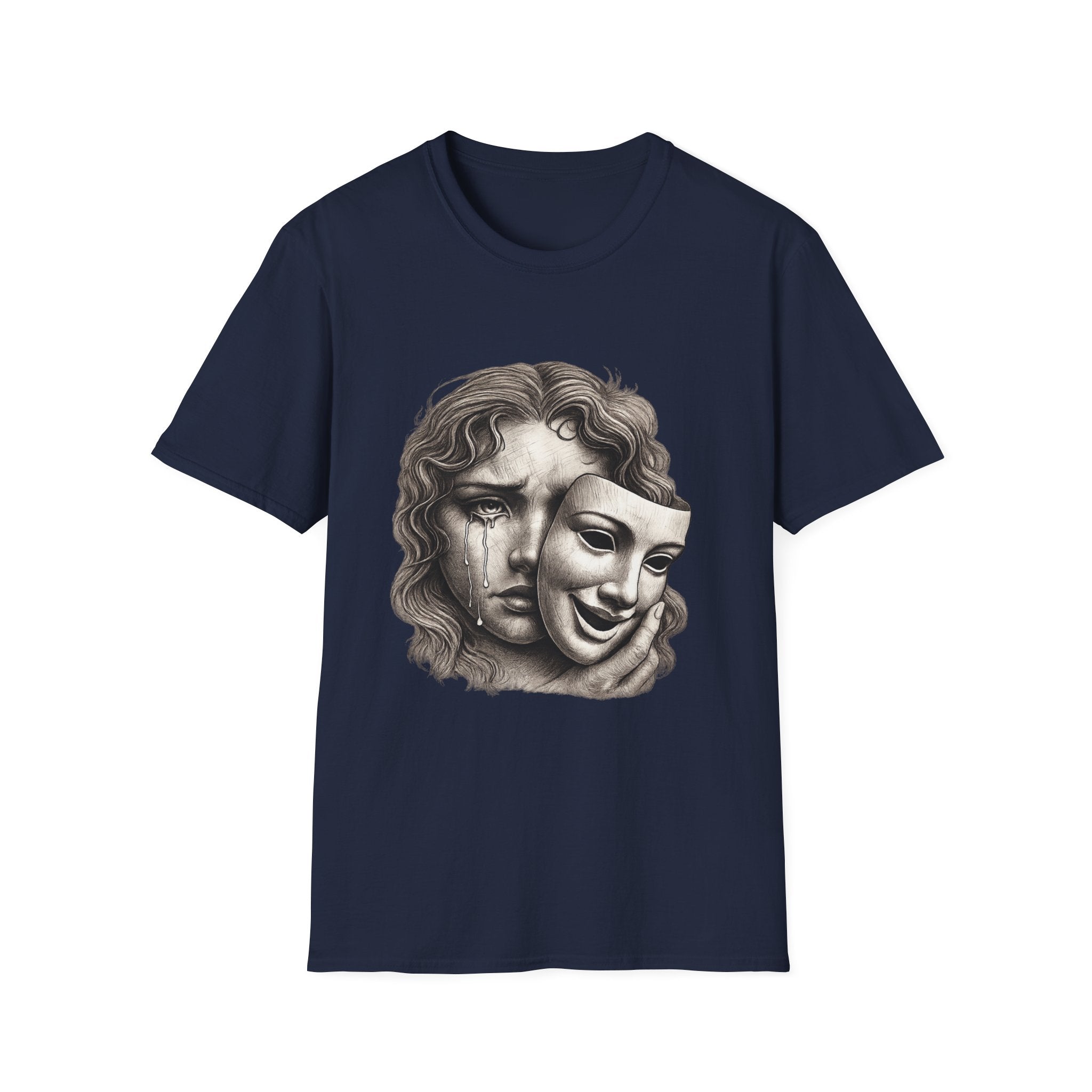 Crying Woman Mask Art T-Shirt | Hidden Emotions Sketch Graphic Tee Unisex Unisex Softstyle T-Shirt