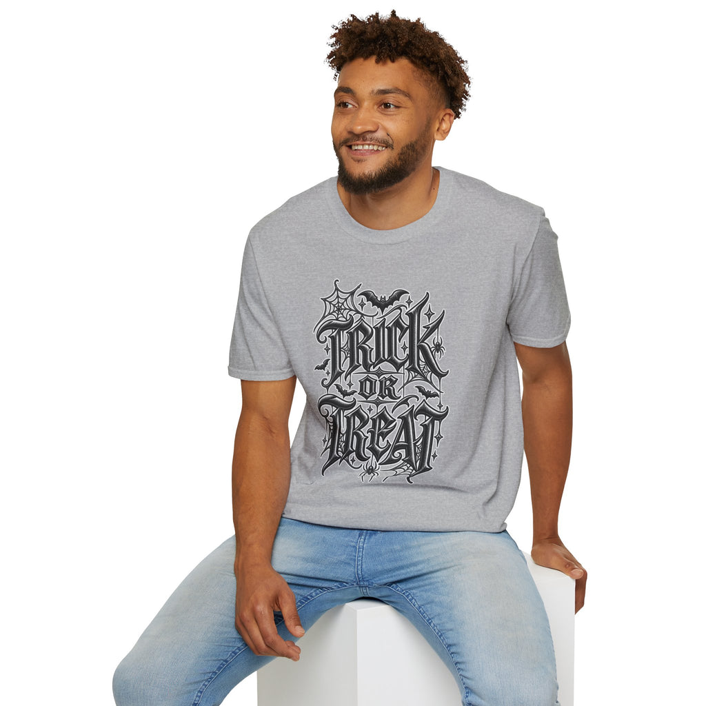 Funny Trick or Treat Gothic Blackletter Shirt | Edgy Spider Web Typography Tee | Minimalist Halloween T-Shirt