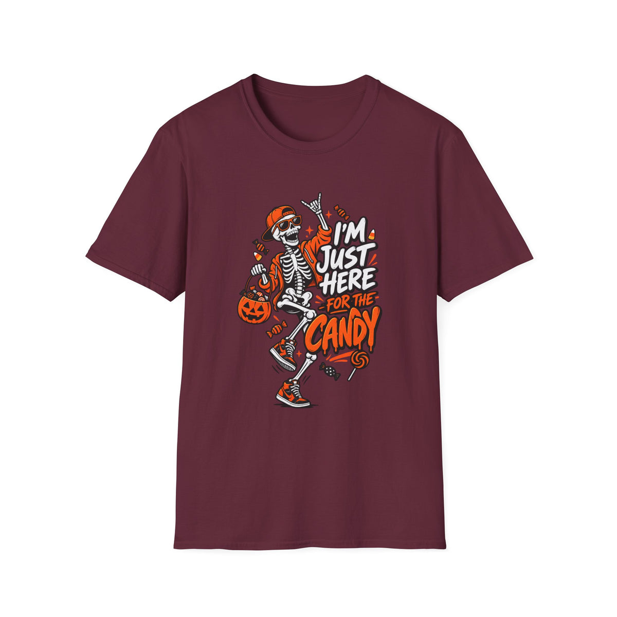 I'm Just Here for the Candy Shirt | Funny Dancing Skeleton Halloween Tee | Dark Humor Graphic T-Shirt