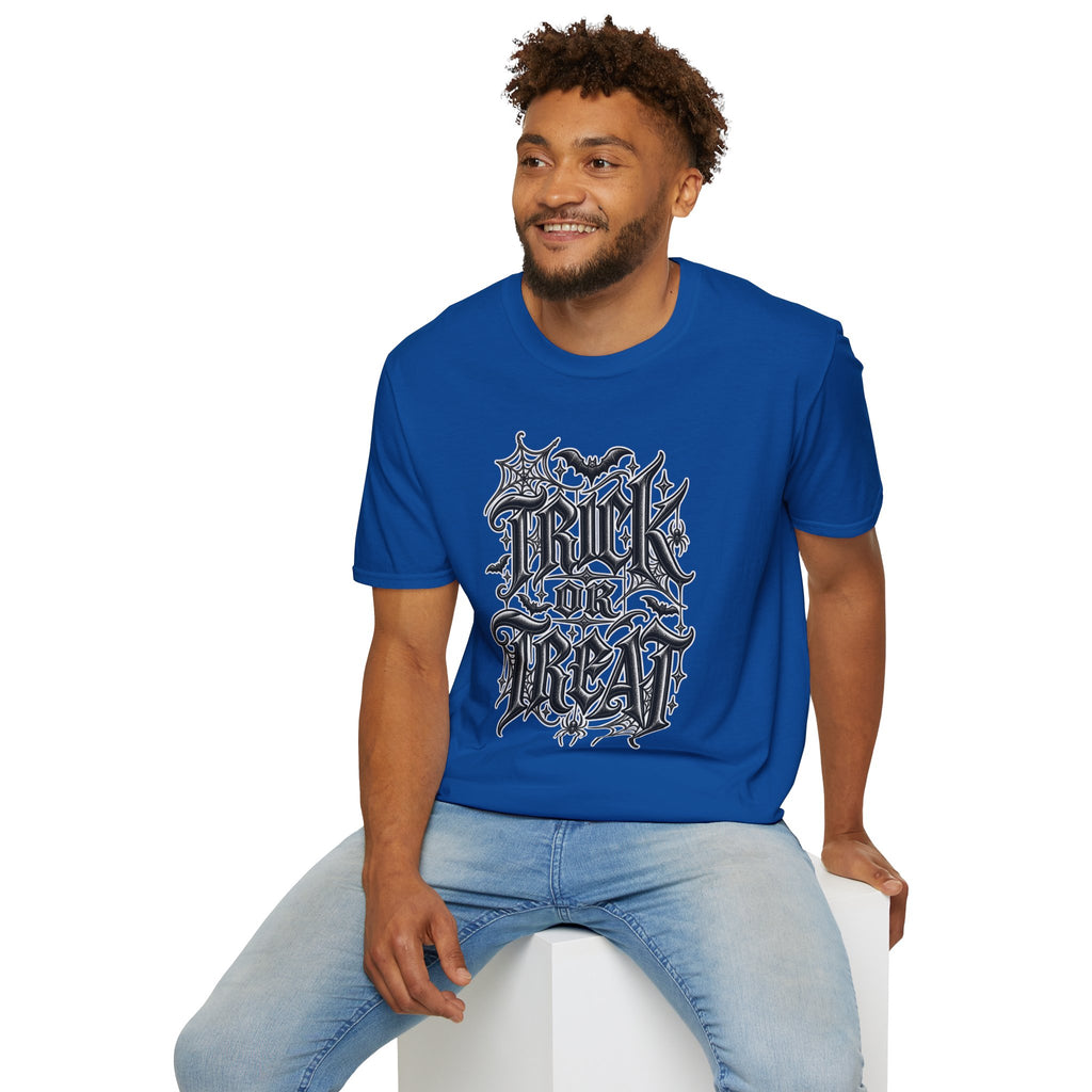 Funny Trick or Treat Gothic Blackletter Shirt | Edgy Spider Web Typography Tee | Minimalist Halloween T-Shirt