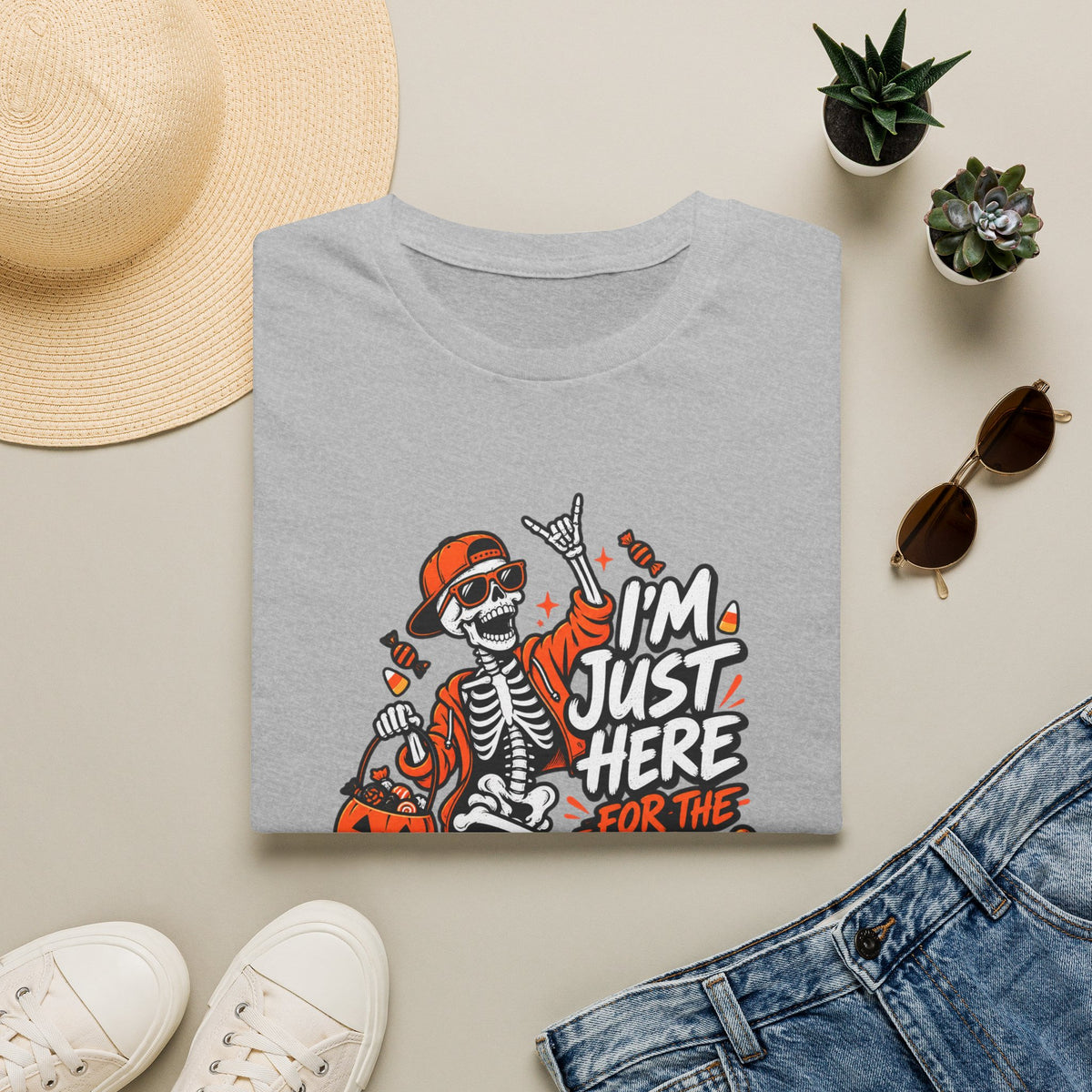I'm Just Here for the Candy Shirt | Funny Dancing Skeleton Halloween Tee | Dark Humor Graphic T-Shirt