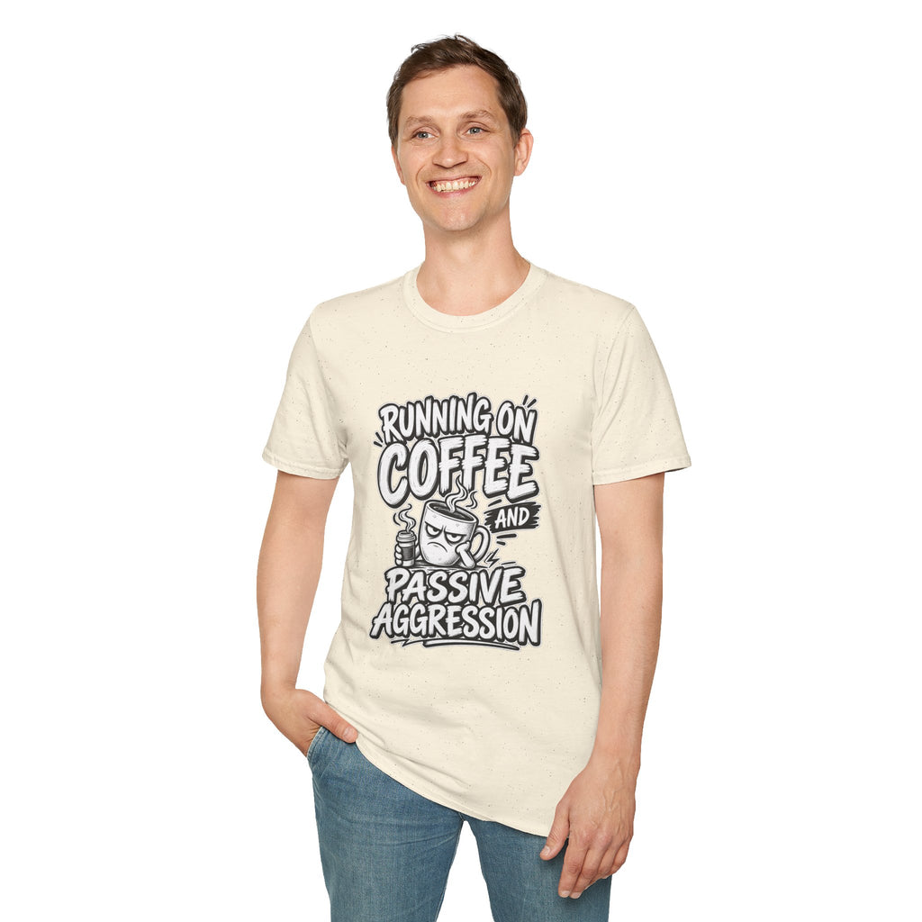 Funny Dark Humor Tshirt — Funny Office Tshirt Dark Humor Graphic Tee Unique Coworker Gift  RUNNING ON COFFEE AND PASSIVE AGGRESSION Shirt