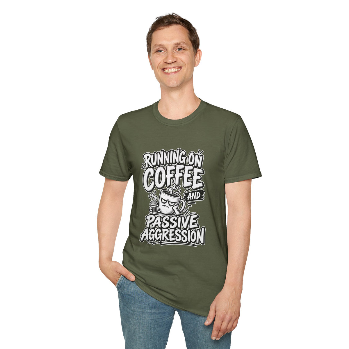 Funny Dark Humor Tshirt — Funny Office Tshirt Dark Humor Graphic Tee Unique Coworker Gift  RUNNING ON COFFEE AND PASSIVE AGGRESSION Shirt