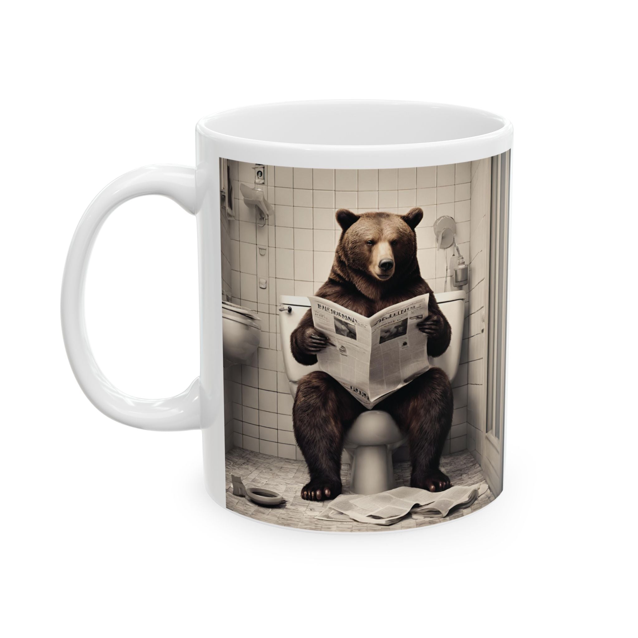 Funny Bear Sitting on Toilet Reading Newspaper Mug Gift Animal Coffee Mug 11oz Unique Cute Mug