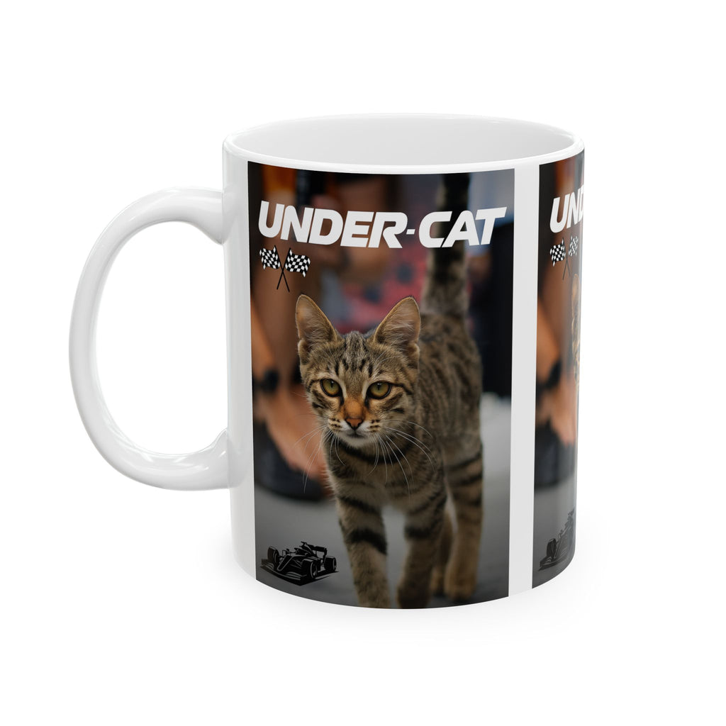 Under-Cat Funny F1 Cat Unique Gift for Fans Coffee Cup Ceramic Tea Mug Baku Race 11oz