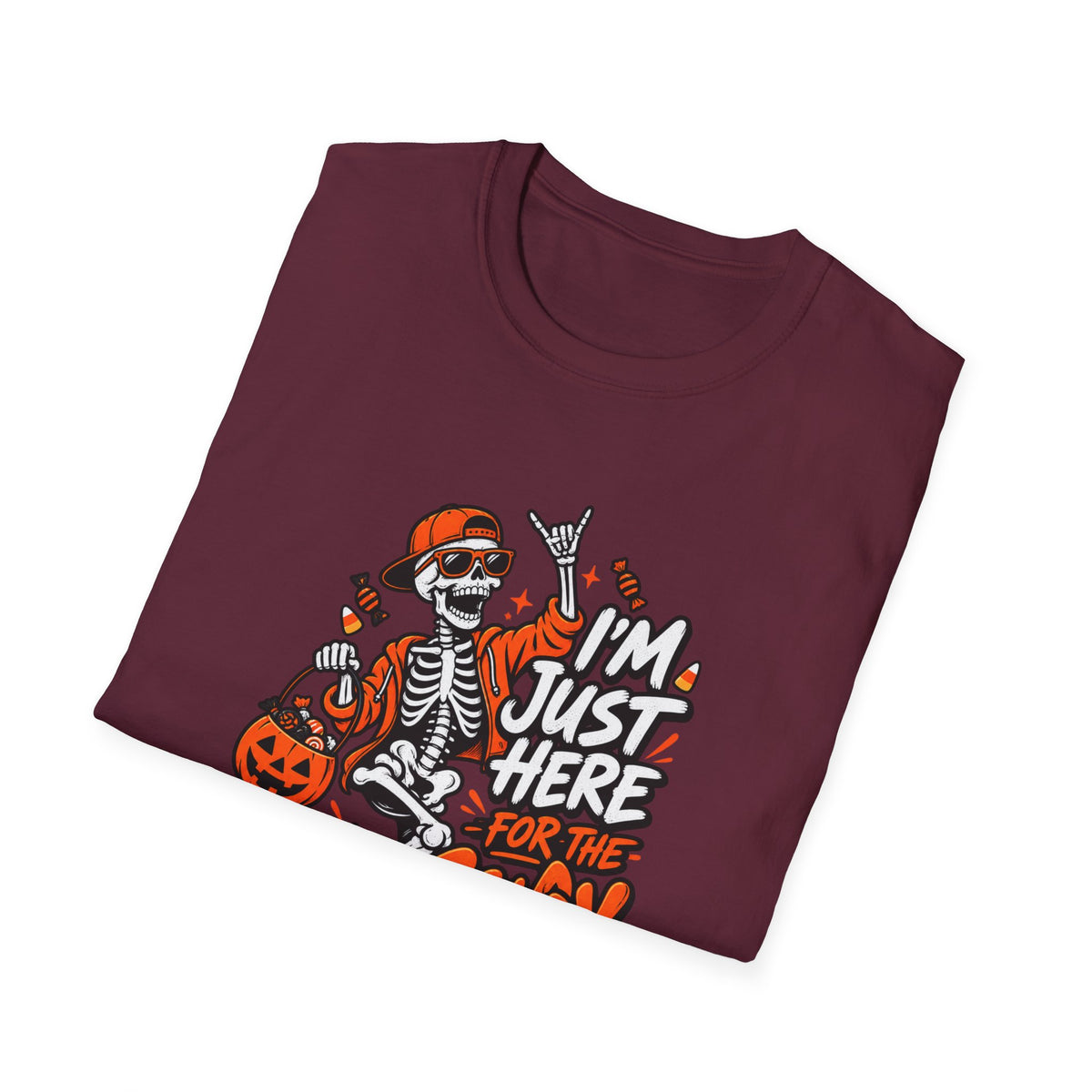 I'm Just Here for the Candy Shirt | Funny Dancing Skeleton Halloween Tee | Dark Humor Graphic T-Shirt