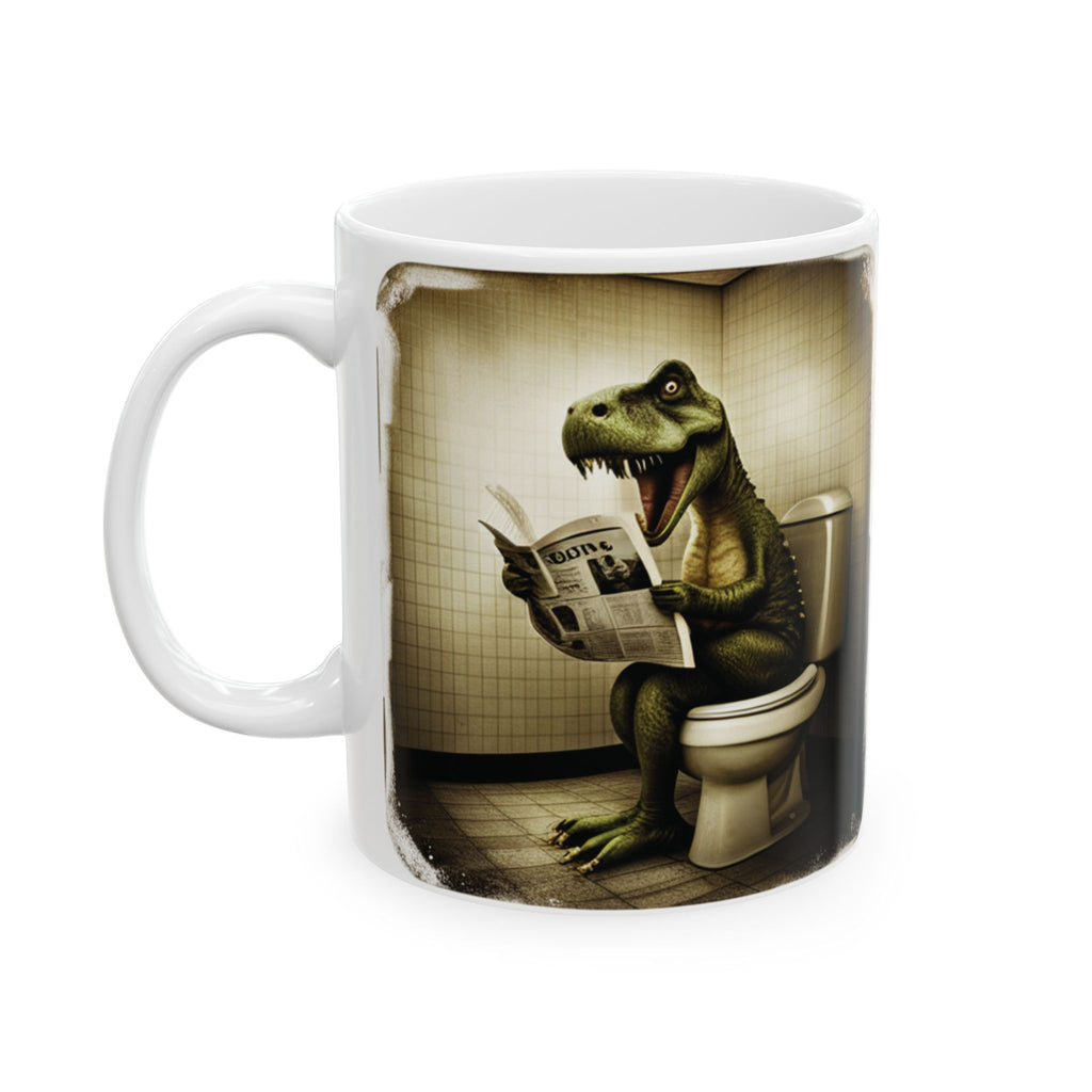 Funny Dinosaur Sitting on Toilet Reading Newspaper Mug Gift Animal Coffee 11oz