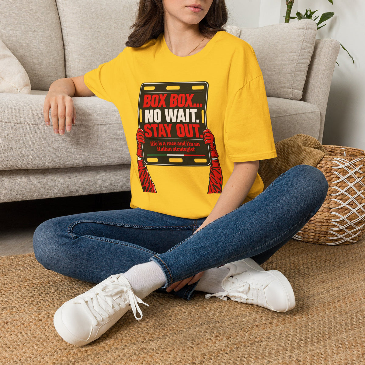 Funny Racing T-Shirt Box Box No Wait Stay Out Italian Strategist Motorsport Fan Shirt Unisex Softstyle Tee Race Day Gift