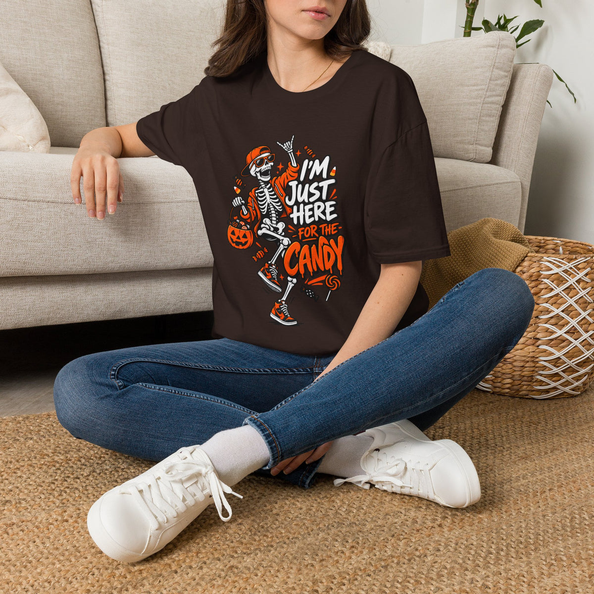 I'm Just Here for the Candy Shirt | Funny Dancing Skeleton Halloween Tee | Dark Humor Graphic T-Shirt