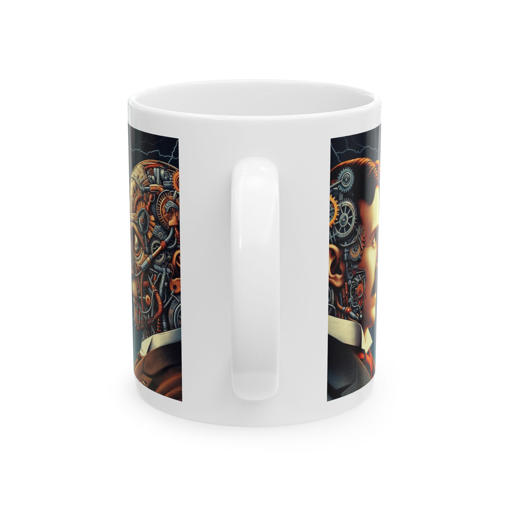 Funny Nikola Tesla vs Robot Mug Illustrated Ceramic Tea Coffee Cup Unique Gift 11oz