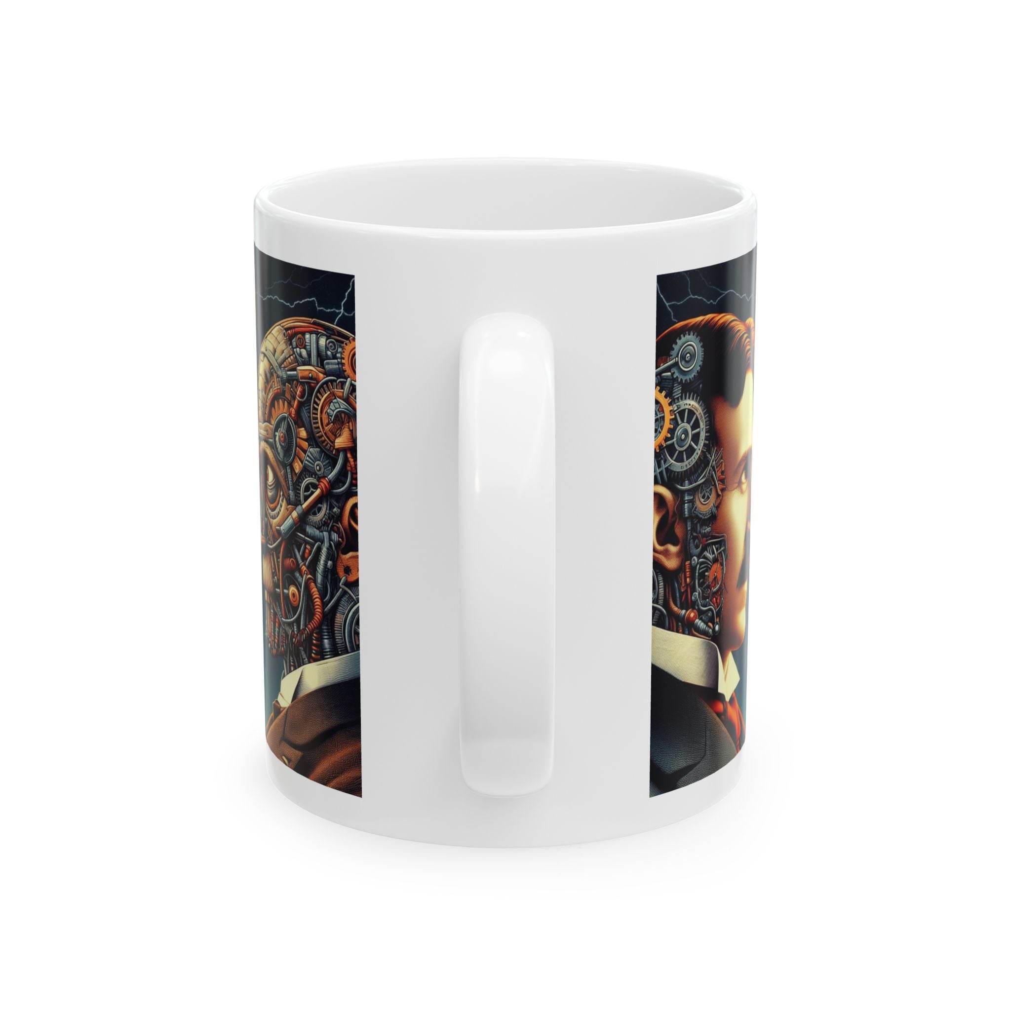 Funny Nikola Tesla vs Robot Mug Illustrated Ceramic Tea Coffee Cup Unique Gift 11oz
