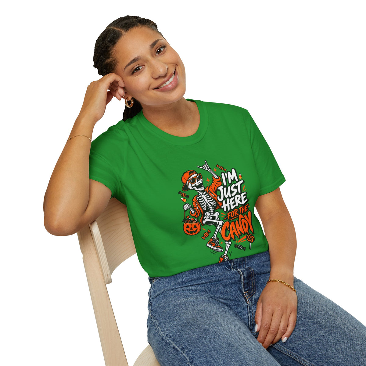 I'm Just Here for the Candy Shirt | Funny Dancing Skeleton Halloween Tee | Dark Humor Graphic T-Shirt