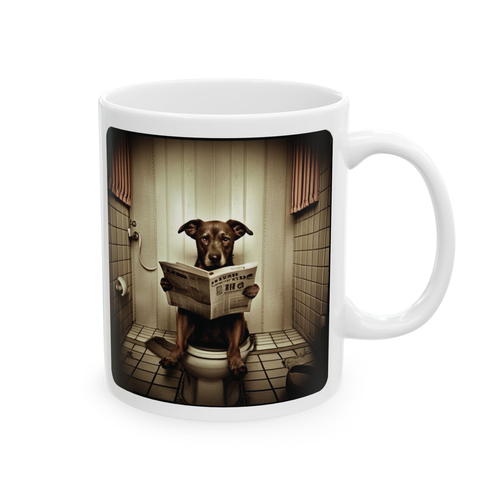 Funny Dog Sitting on Toilet Reading Newspaper Mug Gift Animal Coffee Mug 11oz