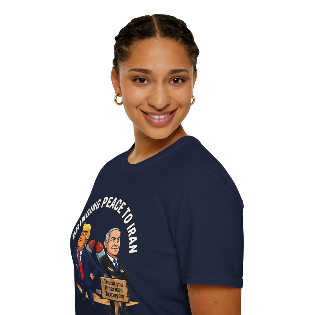 Trump T-Shirt Benjamin Netanyahu Iran War Satiric Mens Unisex Softstyle T-Shirt